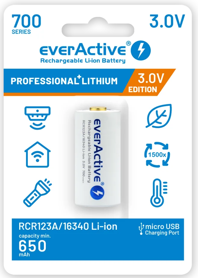 Li-Ion aku everActive 16340 3,0V 700mAh laetav microUSB + kaabel (RCR123a)