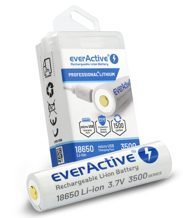 Li-Ion aku everActive 18650 3,6V 3500mAh laetav microUSB + kaabel