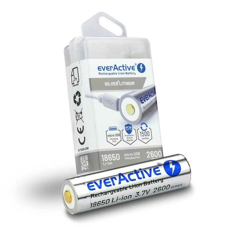 Li-Ion aku everActive 18650 3,6V 2600mAh laetav microUSB + kaabel